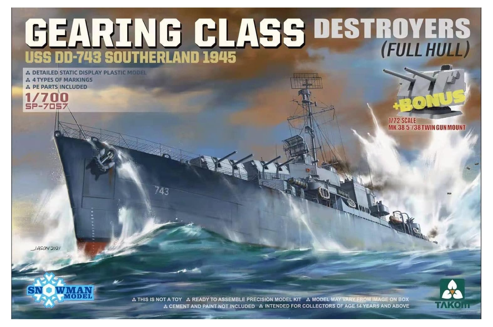 

TAKOM scale US Navy destroyer USS Sutherland 1945 and scale MK38 twin gun plastic model kit 1/700 Gearing-class DD-743 1/72 38-caliber 5-inch