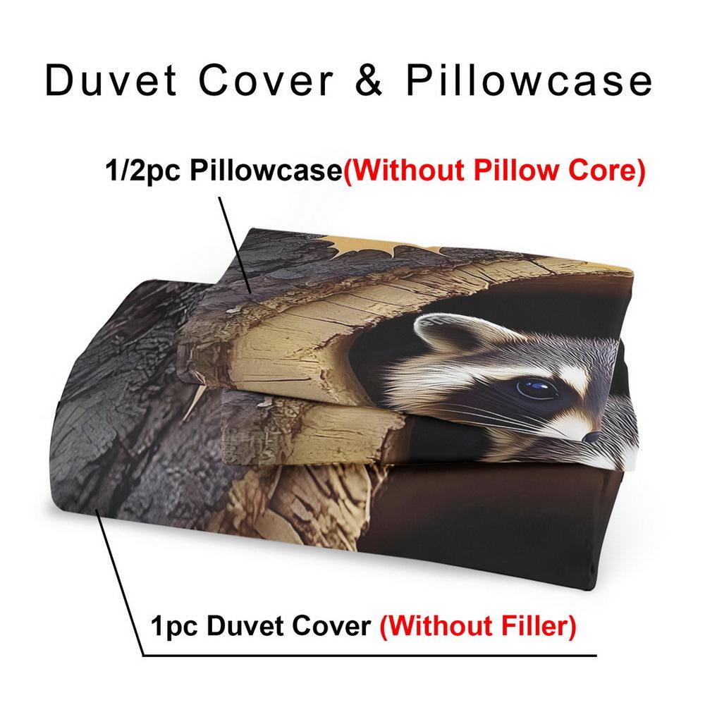Little Raccoon Themed Down Comforter Cover Set - 2/3pcs, Soft Comfortable Breathable, Fantasy Animal Pattern Printed Bedding Set