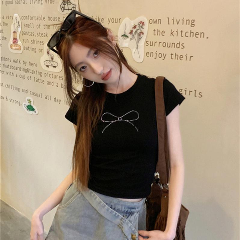2024 Summer Women's Black Bow Crop Top - Hot Drill Slim Fit Trendy Short Sleeve T-shirt