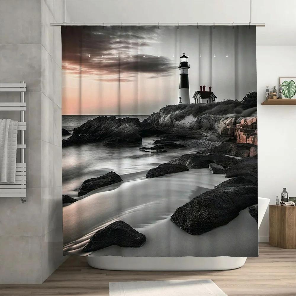 Moderne Badezimmer-Duschvorhang mit Leuchtturm-Design Wasserdichtes Gewebe für Heimdekoration 3D-Druck Anpassbare Größe (Schwarz Weiß