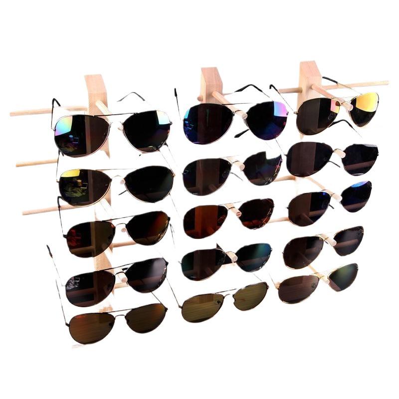 Stojak podłogowy z litego drewna na oprawki okularów i okulary przeciwsłoneczne