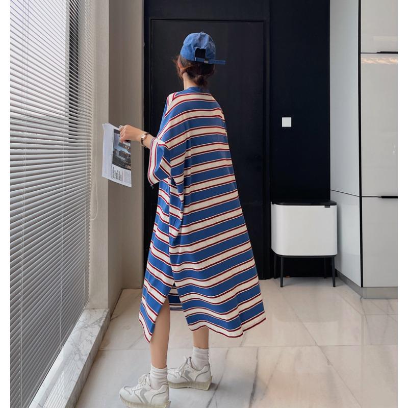 Dimanaf Vestido de Verano Talla Grande para Mujer Suelto Manga Corta Rayas Suaves Casual Básico Sobredimensionado Vestido Largo