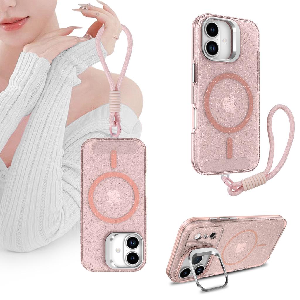 For IPhone 17 Glitter Phone Case PC Transparent Magnetic Bracket for Apple 15 Anti Drop Protective Case 13 with Hanging Rope