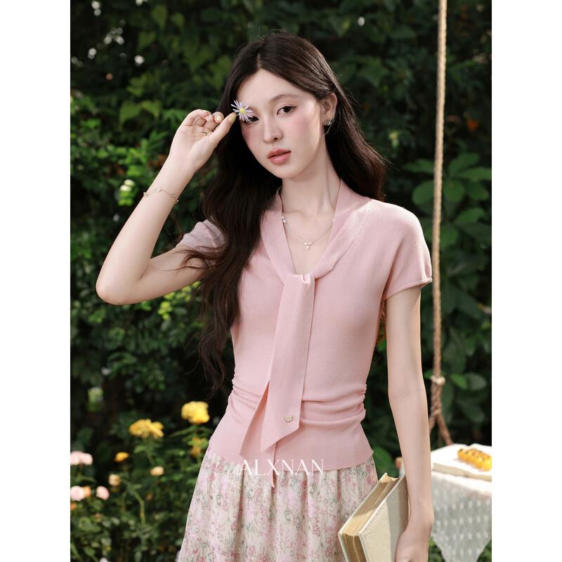 Women s Summer V-Neck Ribbon Knitted Top S