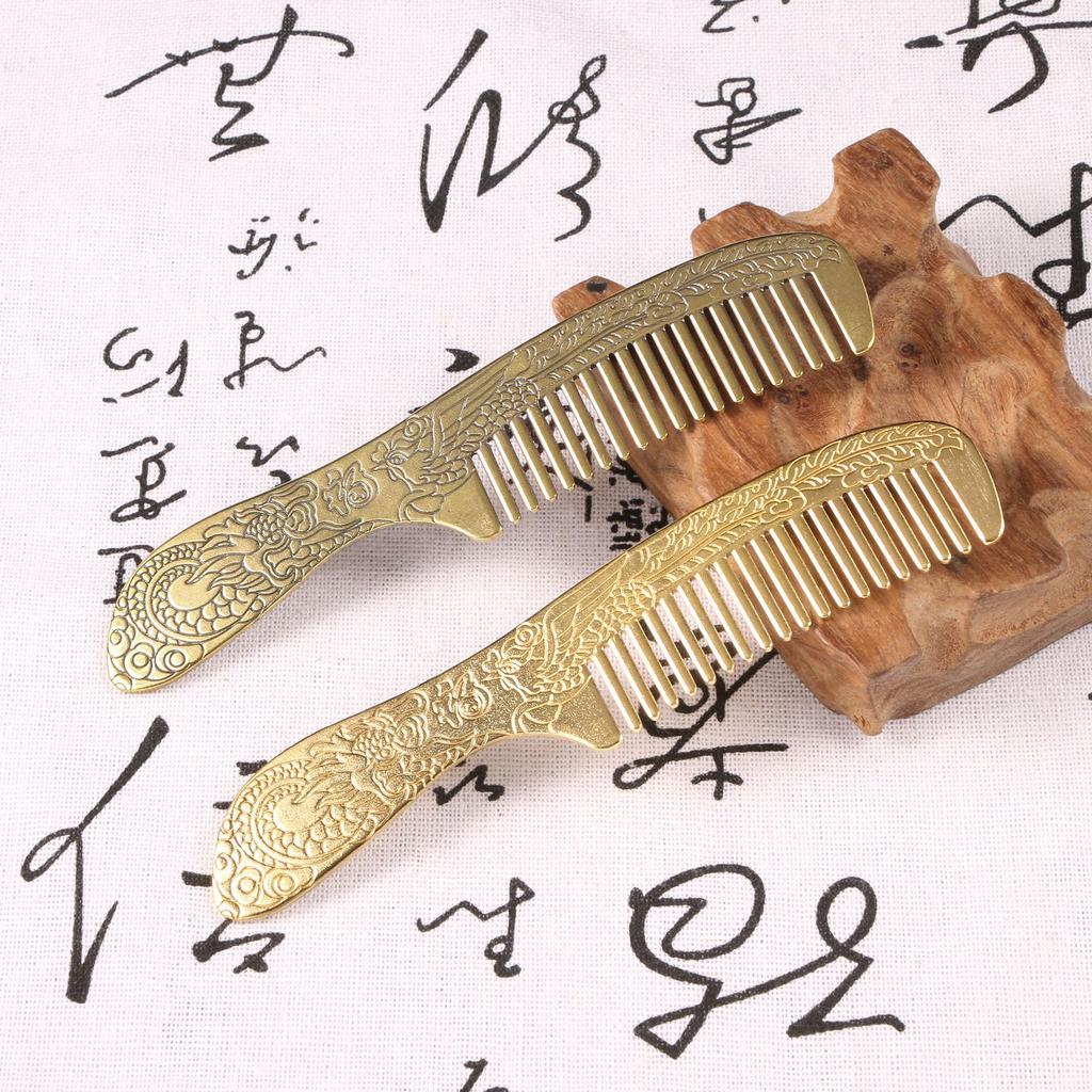 Chinese Dragon and Phoenix Brass Comb Anti Static Head Massage Metal Comb Retro Home Decoration Gift for Friends
