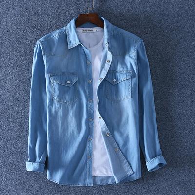 Men Cotton Denim Shirts Casual Long Sleeve Men's Jeans Blue Shirt