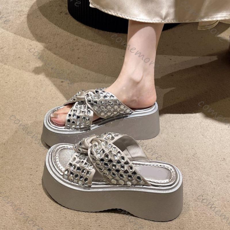 Comemore Platform Slippers Women Summer Shoes Fashionable Sequins Glitter Thick Sole Wedge Sandals Casual Outside Heels Slides