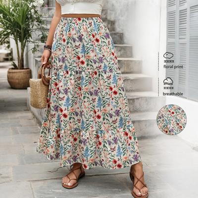Women's Spring and Summer Leisure Vacation Skirt Big Flower Garden Style Skirt