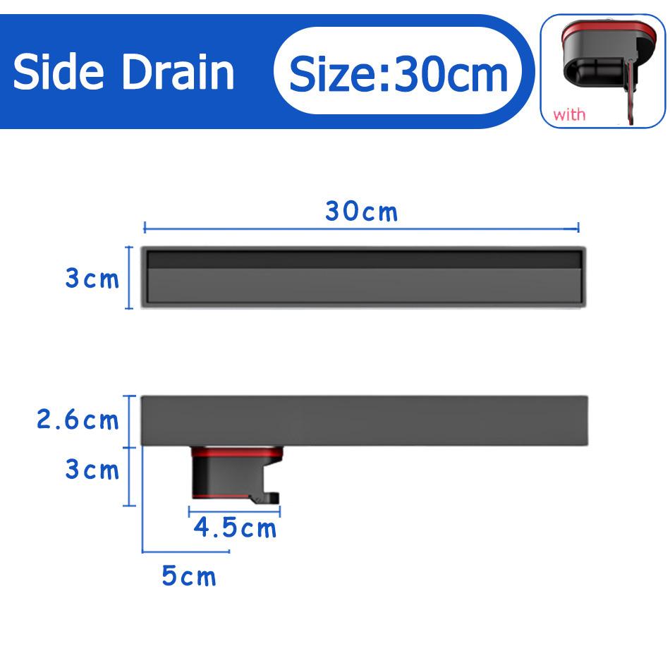 Bathroom Shower Floor Drain Black 304 Stainless Steel Rectangle Lavatory WC Long Linear Drainage Side Floor Drains 30 40 50cm