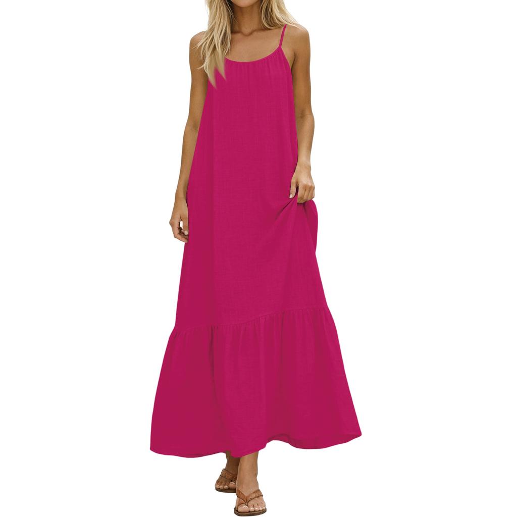 Dames Zomerjurken Spaghetti Bandjes Ronde Hals Gerimpeld Ruches Vloeiend Boho Maxi Jurk