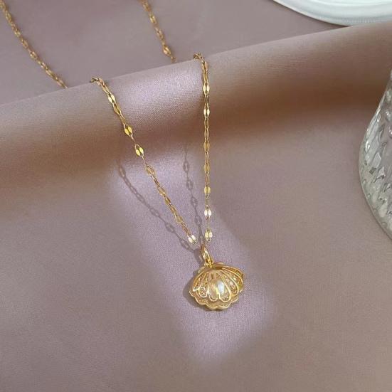 Hollow Shell Faux Pearl Necklace Golden Shell Pendant Necklace Jewelry Gift for Wedding Anniversary Birthday