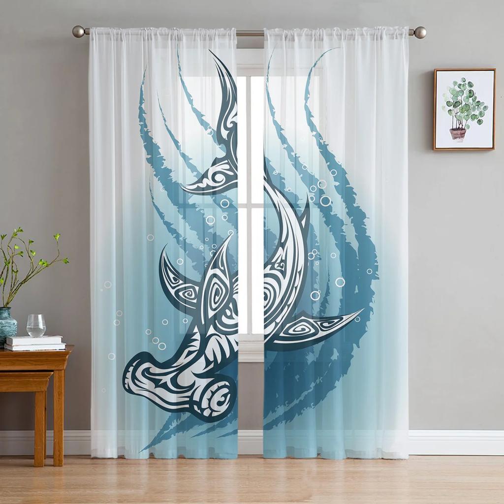 Sea Shark Tulle Curtains for Living Room Printed Sheer Voile Curtain for Bedroom Window Screening Drapes Blinds Home Decor