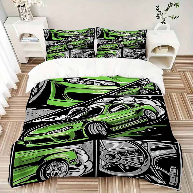 3pcs Drift Car Anime Cartoon Design Comforter Set with One Quilt Cover and Two Pillowcases (No Core) - Home Decor, Festival Gift, Polyester Fabric, Su