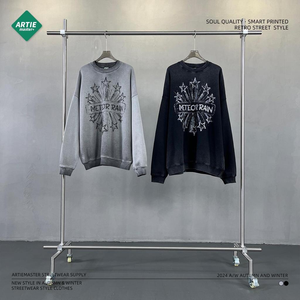 2024 Autumn 430G Heavy Reverse Bottom Stir-fried Color Wash Old White Ink Direct Inkjet Printed Round Neck Sweatshirt
