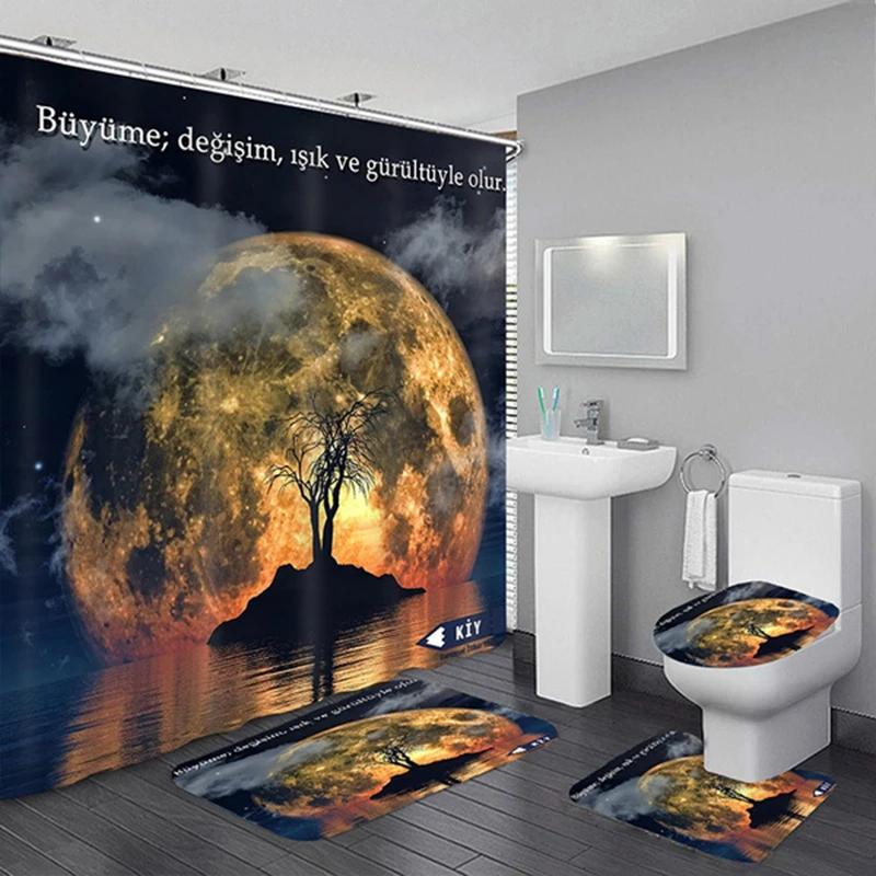 

Waterproof Shower Curtain Sets With Rugs Moonlight Sea Scenery Bath Rug And Mats Hooks Toilet Seat Cover Bathroom Decor W60H190(CM)-1 Pcs