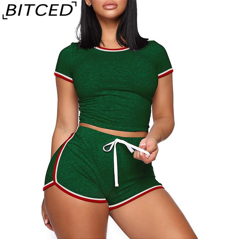 BITCED Summer Plus Size Women's Solid Colour Patchwork Short-Sleeved Casual Two-Piece Set