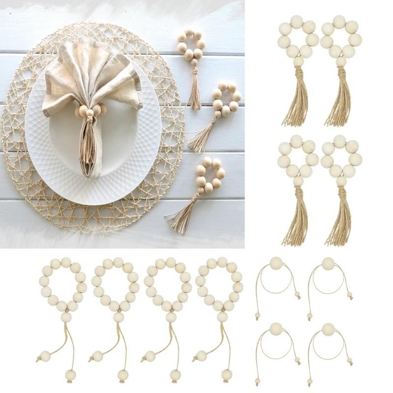 4Pcs Natural Wooden Bead Napkin Rings for Weddings Home Decor