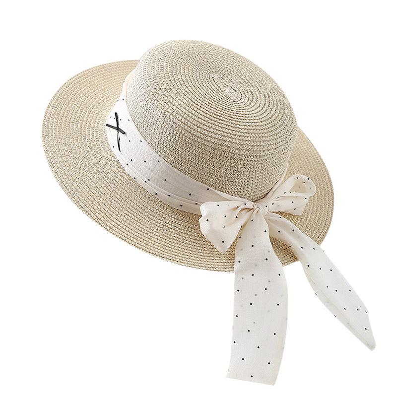 Small fresh straw hat women's flat top top hat sunshade sunscreen hat travel vacation fashion polka dot straw weaving sun hat tide