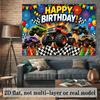 2D plane Birthday happy monster truck background cloth with multiple vehicles large-footed off-road trucks