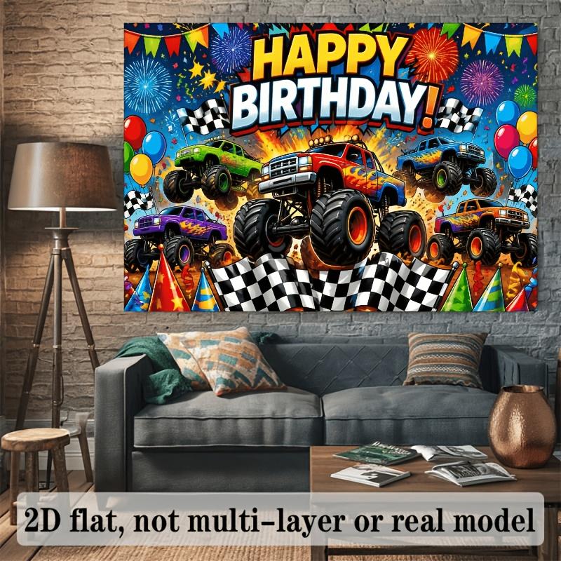 2D plane Birthday happy monster truck background cloth with multiple vehicles large-footed off-road trucks