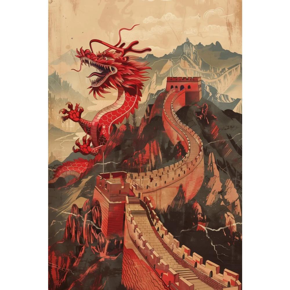 Vintage Iconic Mysterious Grand Chinese Loong Poster The Great Wall Modern Prints Canvas Wall Art Picture Home Living Room Decor