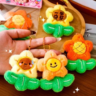 Keychain Soft Plush Sunflower Pendant with Smile Face Text Design Healing Shape Backpack Keys Bags Car