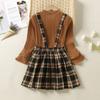2pcs Girls Rib Knit Flounce Sleeve Stand Collar Tee Plaid Overall Dress