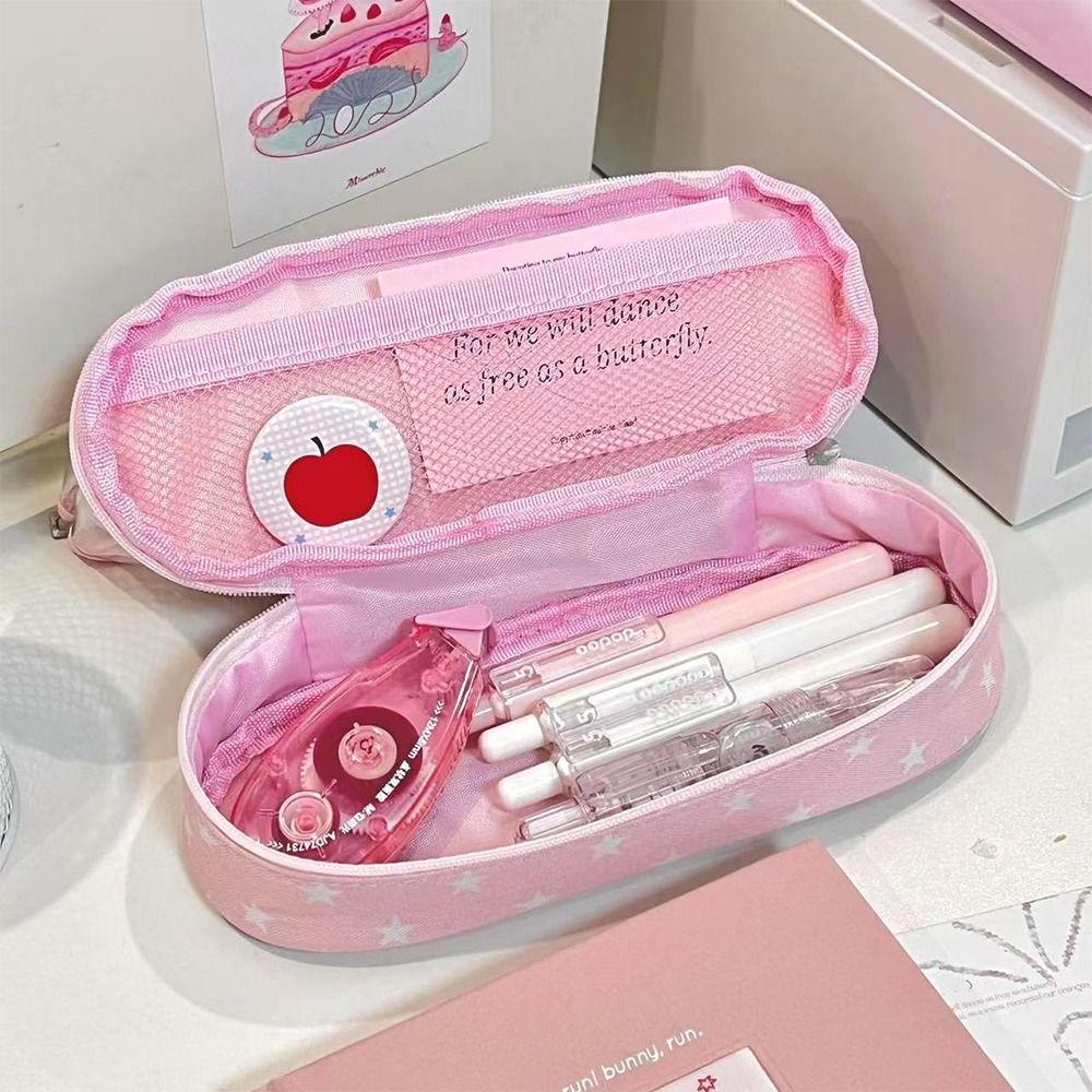 Pink Star Rabbit Pattern Pen Bag Double Layers Stationery Storing Bag Stationery Bag Students