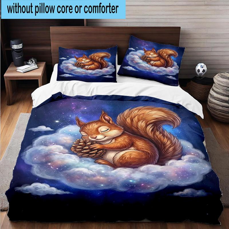 Squirrel Dreams Under Moonlight 3pcs Bedding,Including 1pc Duvet Cover And 2pcs Pillowcases Perfect for Christmas,Ideal for Bedroom, Dormitory