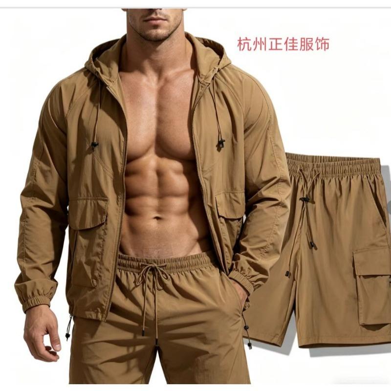 Conjunto de Dos Piezas para Hombre con Sudadera con Capucha, Chaqueta Protectora del Sol y Pantalones Cortos