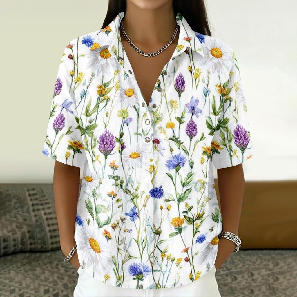 Damen Vintage Blumenprint Kurzarmhemd Lockerer Schnitt Knopfleiste Kragen Freizeitbluse Leichtes Atmungsaktives Gewebe