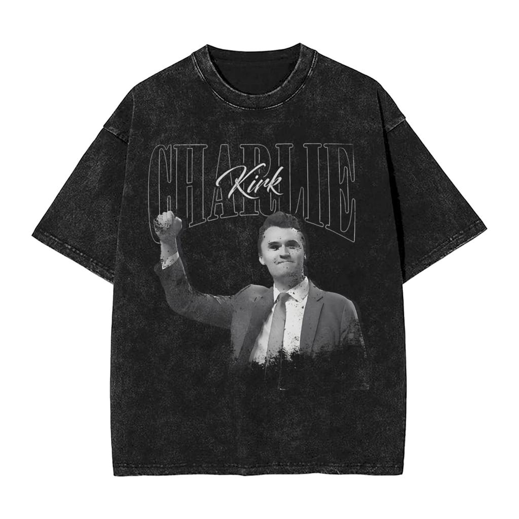 Casual Charlie Kirk Freedom Tshirts For Men Round Collar Cotton Washed T Shirt Short Sleeve Tees Plus Size Clothing