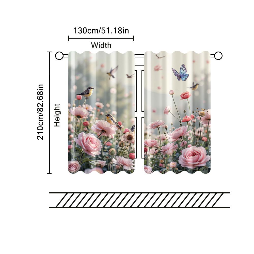 2 pcs, filtering curtains (excluding rods, non-movable, without batteries) Floral and Bird for use in bedrooms and living rooms