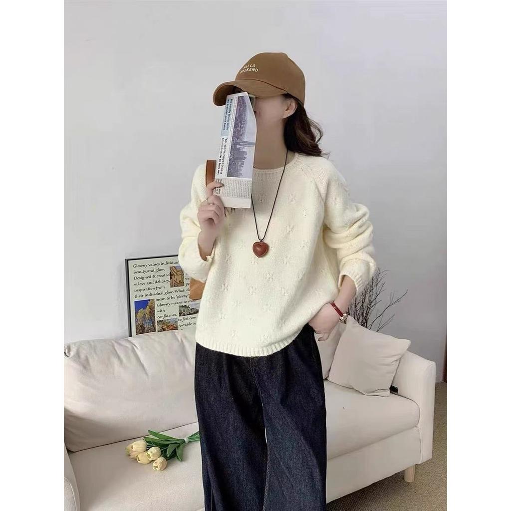Korean high-end three-dimensional crochet crew neck pullover women's new loose and lazy style