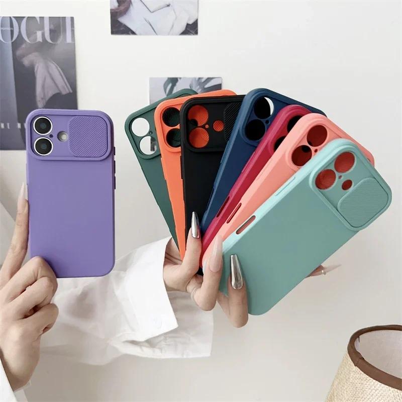 Slide Camera Lens Protection Cover for IPhone 16E 16 15 14 Plus 13 12 11 Pro XS XR Max 8 7 Phone Case Shockproof Soft Silicone