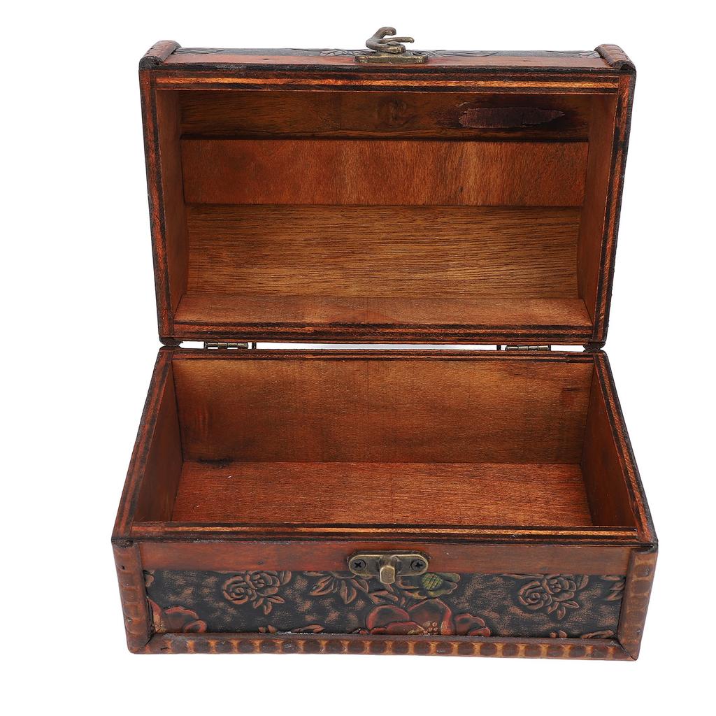 Vintage Wooden Jewelry Box Retro Treasure Chest Trinket Case with Handle Keepsake Decorative Box