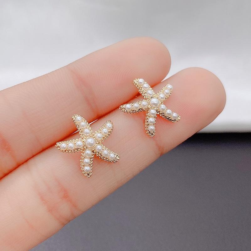 Vintage Imitation Pearls Starfish Stud Earrings for Women Boho Exquisite Earrings Summer Holiday Beach Jewelry Gifts Wholesale