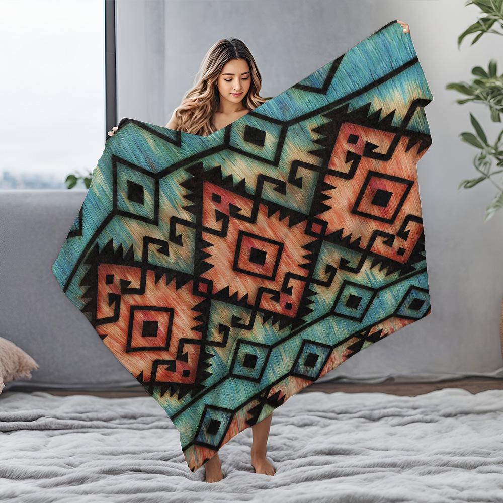 Tribal Geometric Pattern Blanket Aztec Native American Blanket Red Blue Geometric Throw Blanket for Sofa Bed Couch Decoration
