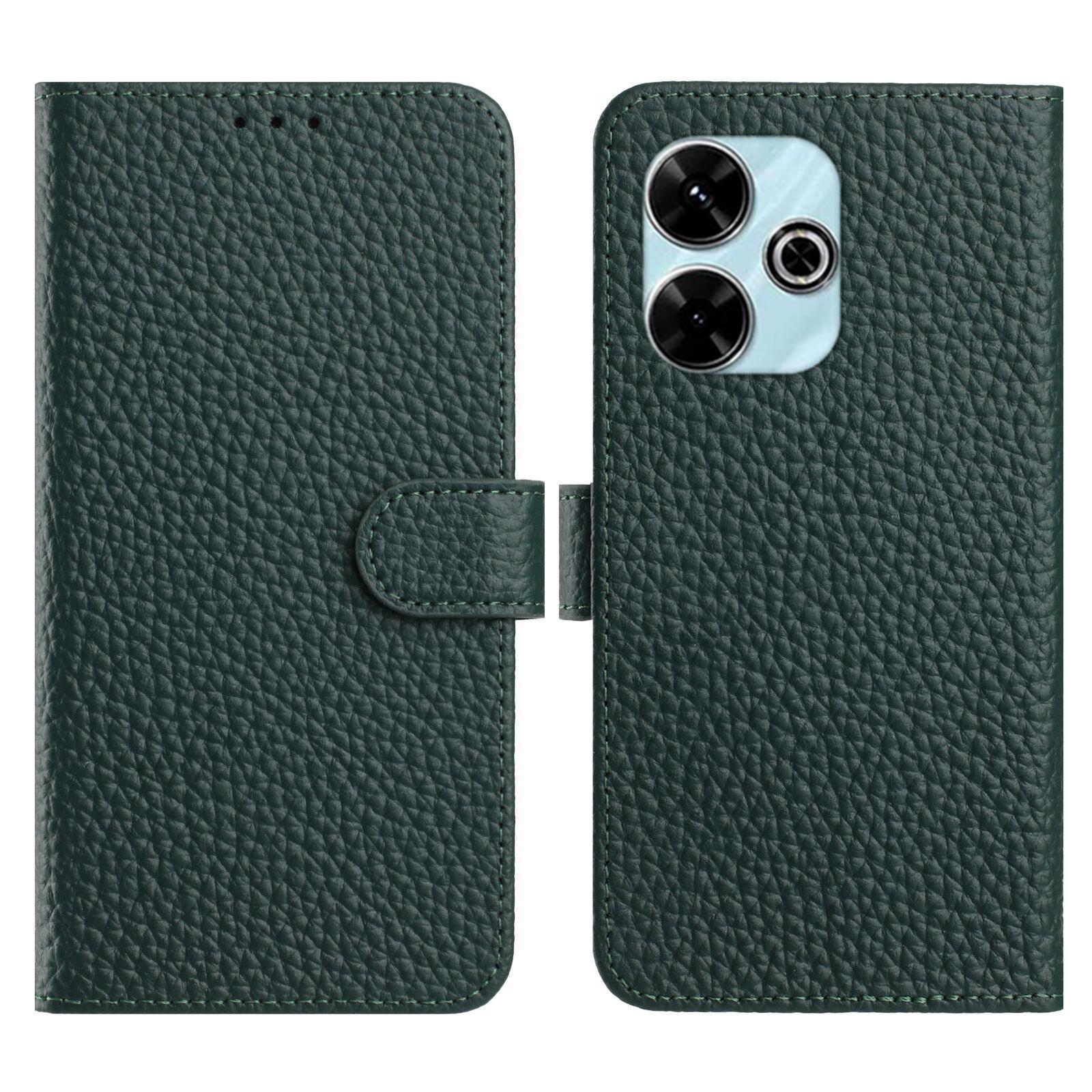 

Flip Phone Case For Xiaomi Redmi 13x 4G/13 5G/13 4G/Poco M6 Plus 5G/M6 4G Wallet Stand Litchi Texture Genuine Cow Leather Cover Green
