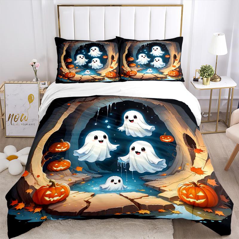 3pcs Cute Ghost Pumpkin Bedding Set - 1 Soft Quilt Cover + 2 Pillowcases, Machine Washable - Suitable for All Seasons, Perfect Gift for Fami