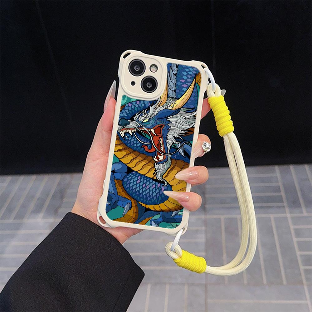 

Мягкие чехлы для iPhone 16 15 13 12 11 14 Pro Max 8 Plus XR Четыре угла Защитный чехол от падения Дополнительный шнурок N81 Дизайн дракона Арт for iPhone 7/8
