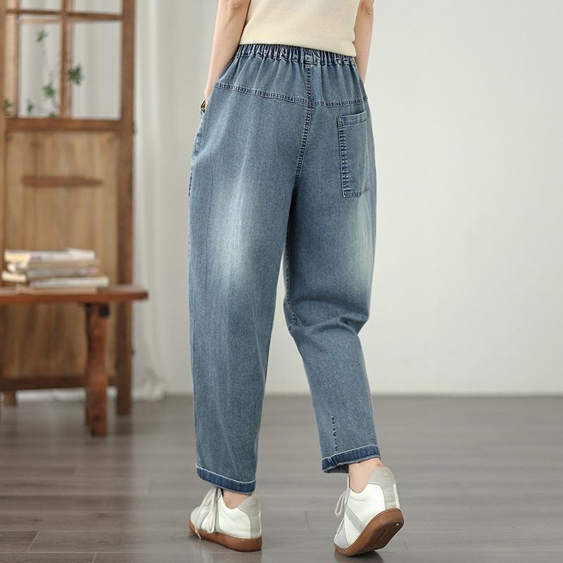 Taglie forti Vintage ricamo vita alta casual larghi Donna Primavera estate autunno jeans denim Pantaloni Harem