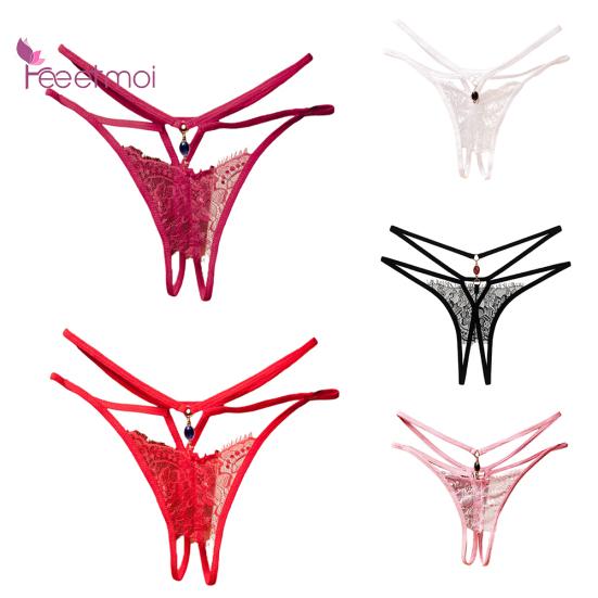 2Pcs Erotic G-String Women Lace Through Hollow Out Open Crotch See Underwear