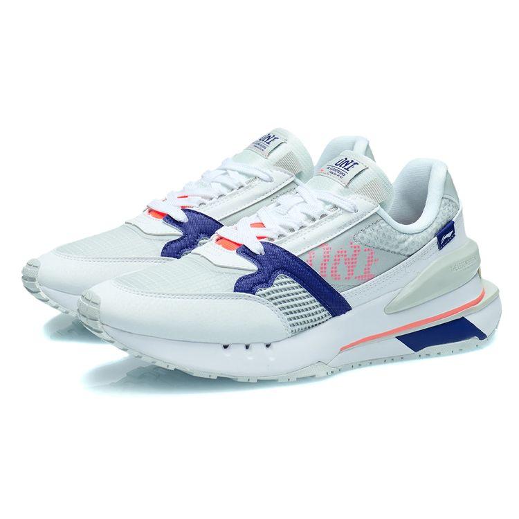 Li Ning 001 Shock Absorption Rebound Low Top Running Shoes Women Sneakers White Gray Blue AGCR184-1