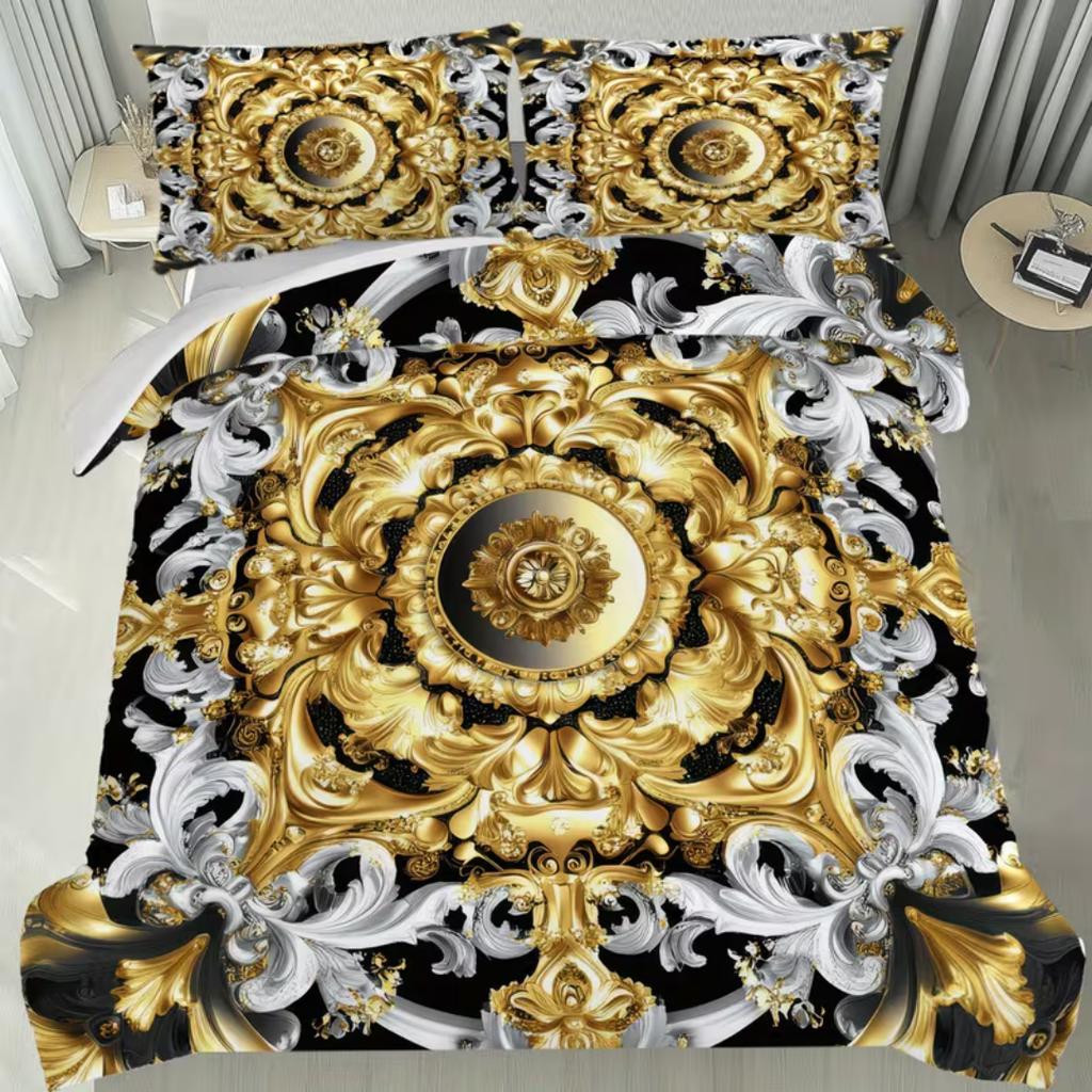 3-teiliges Luxus-Bettwäsche-Set mit goldenem geometrischem Druck, Barock-Bettbezug-Set für Zuhause, Studentenwohnheim-Dekoration, Einzel-, King-, Queen-Größe 228x228