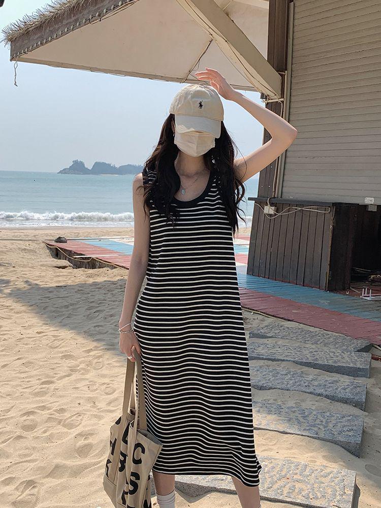 

Женское летнее полосатое платье-майка для беременных на тонких бретелях - Повседневное многослойное длинное платье Extra Large