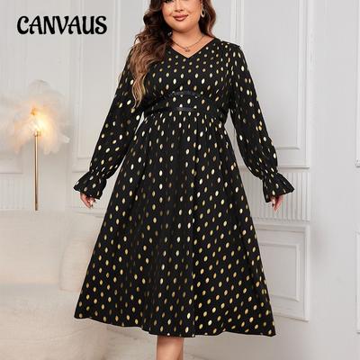 Plus Size Women's Autumn New Fashion Temperament V Neck Loose High Waisted Printed Dress