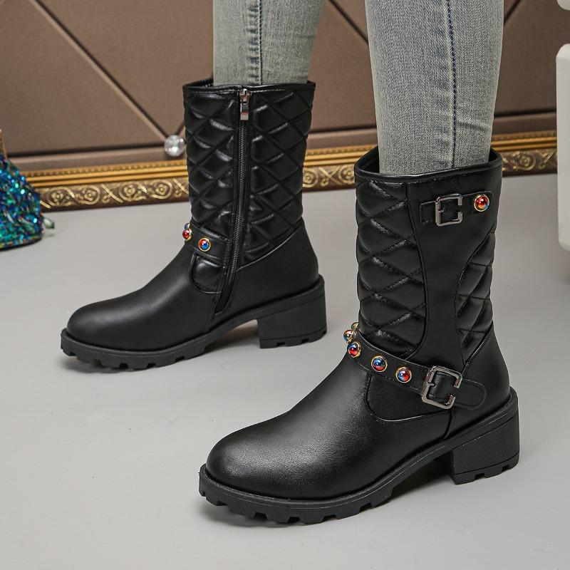 Large Size Women's Leather Boots Autumn and Winter New Retro Plaid Belt Buckle Round Head Thick Heel Medium Boots