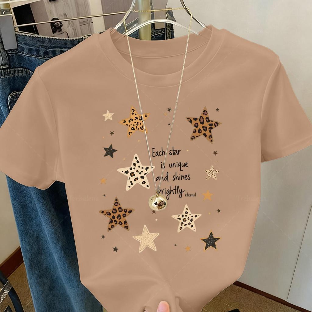 Leopard Star Printed Women's T-shirt, this casual summer top is a round neck short-sleeved patterned T-shirt