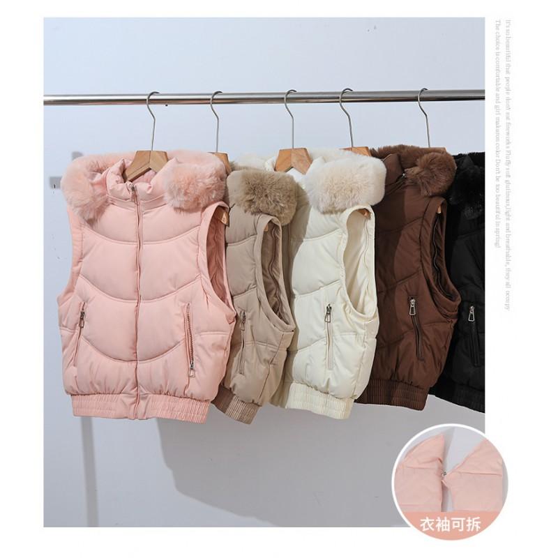 Damen Kurz Steppjacke mit abnehmbaren Ärmeln und Kunstpelzkragen Warme Dicke Baumwollgepolsterte Jacke Winter